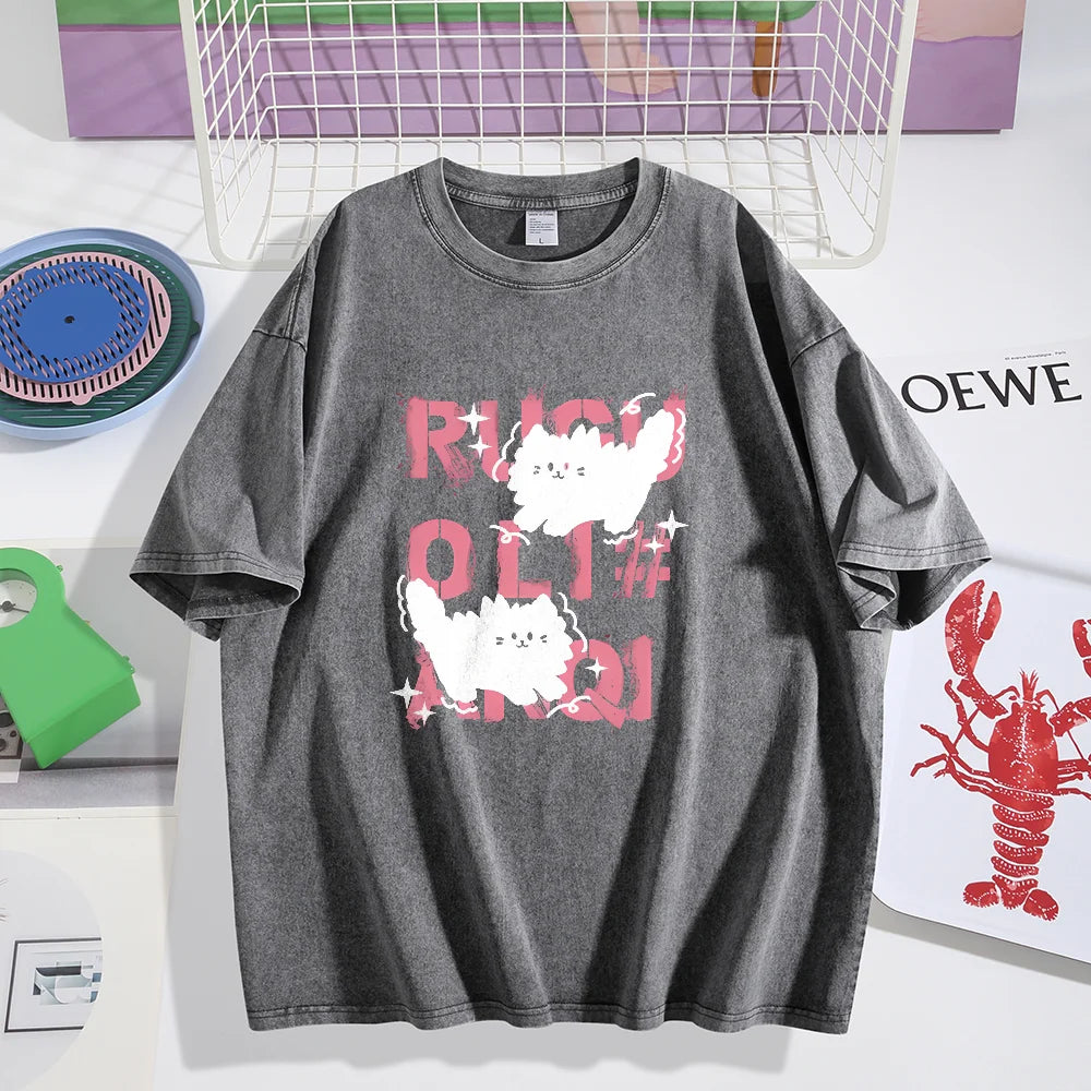 Cute Scare Cat Loose Washed Cotton T-Shirts