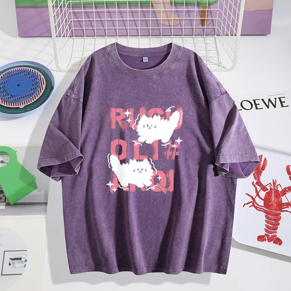 Cute Scare Cat Loose Washed Cotton T-Shirts