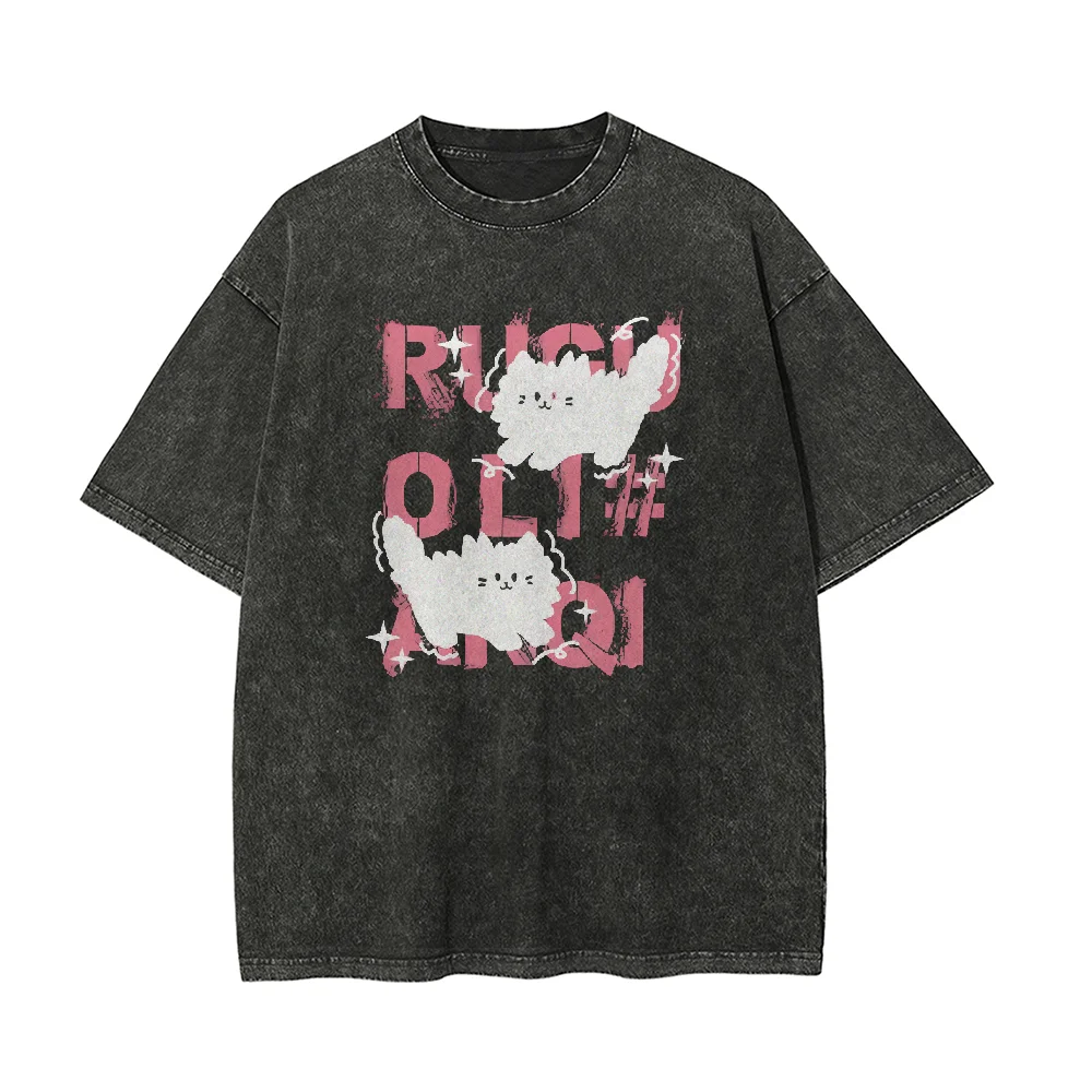Cute Scare Cat Loose Washed Cotton T-Shirts