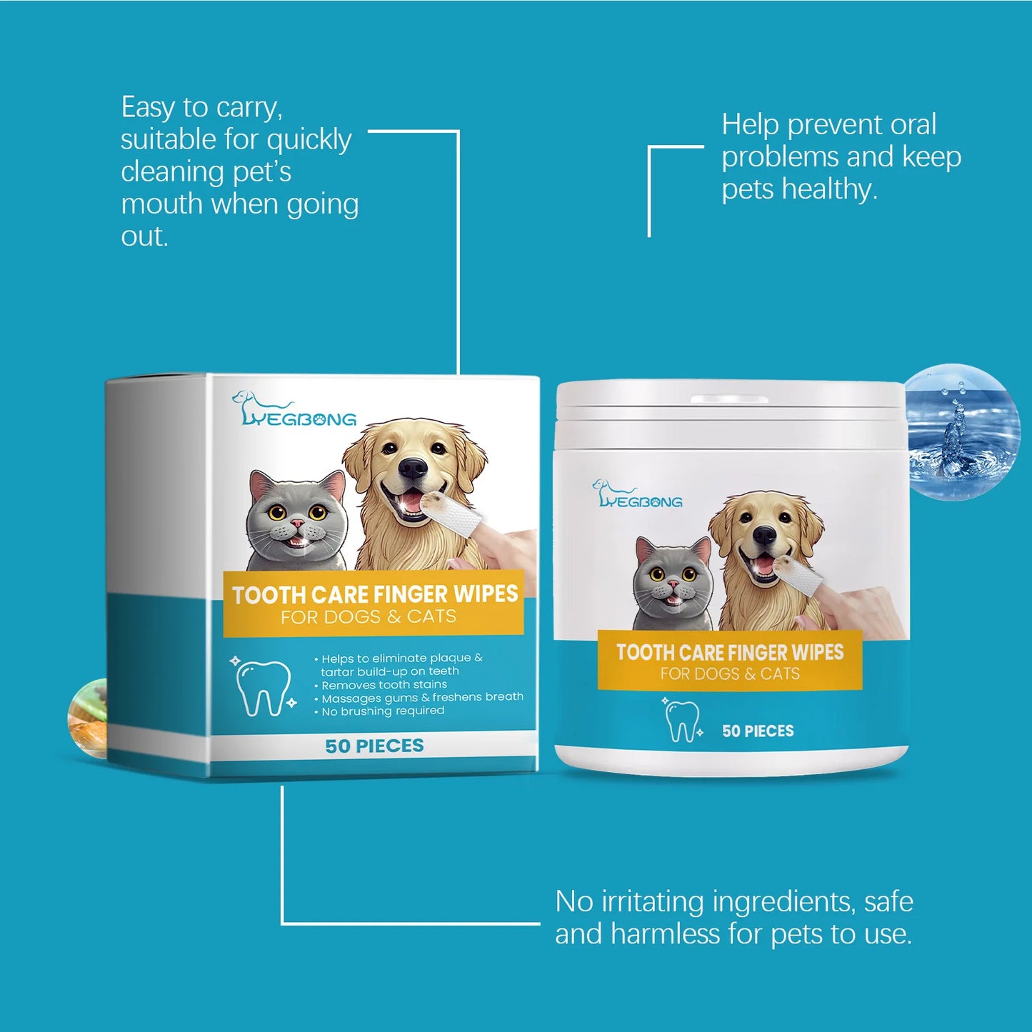 Yegbong 50pcs Pet Dental Care Finger Wipes