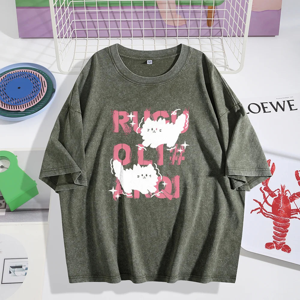 Cute Scare Cat Loose Washed Cotton T-Shirts