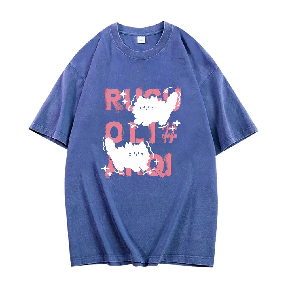 Cute Scare Cat Loose Washed Cotton T-Shirts