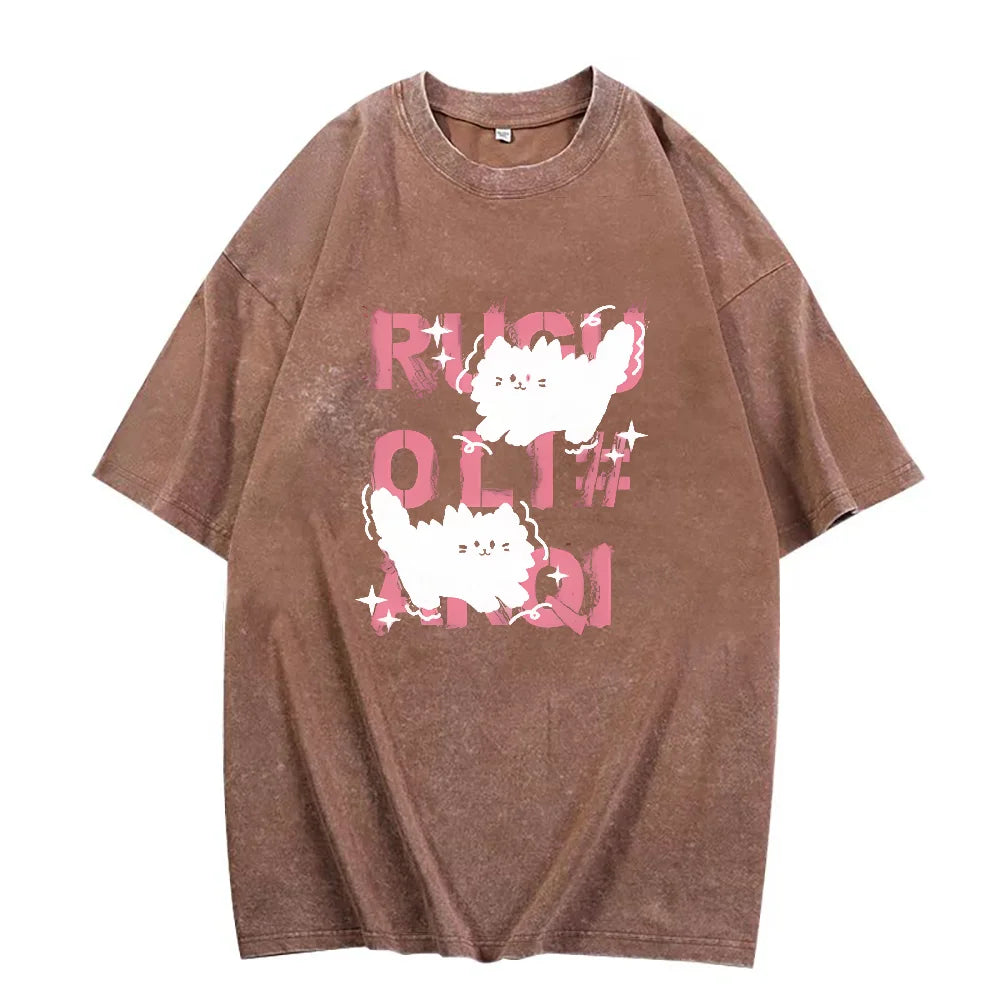Cute Scare Cat Loose Washed Cotton T-Shirts