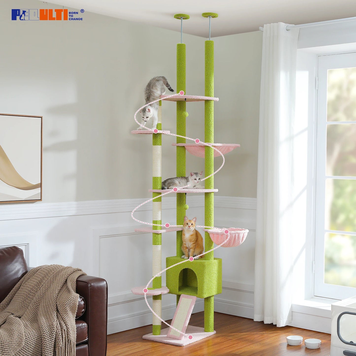 Floor to Ceiling Cat Tree, Adjustable Height with Cat Condo, Cozy Hammock and Scratching Post