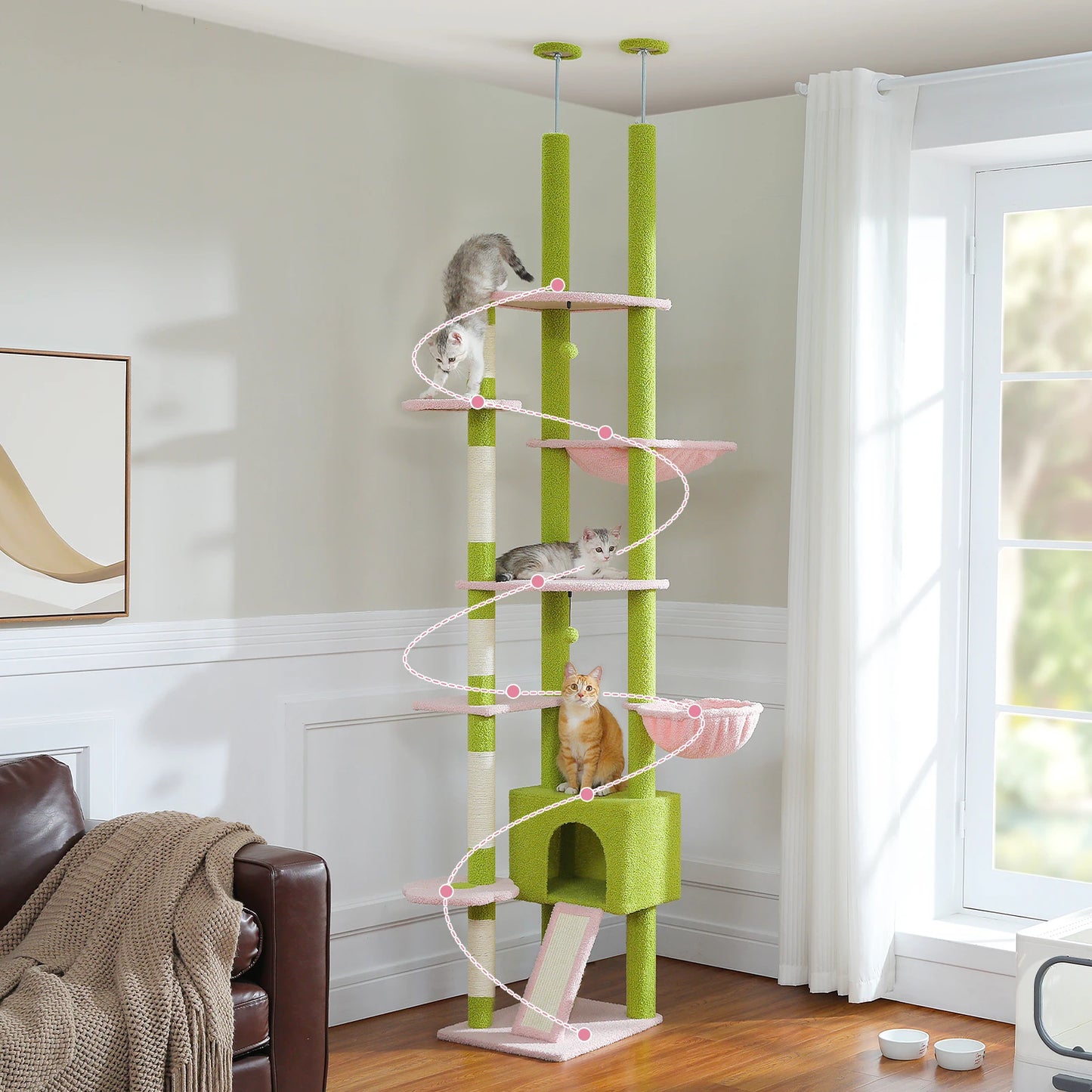Floor to Ceiling Cat Tree with Green Leaves, 7 Tiers and Cozy Hammock