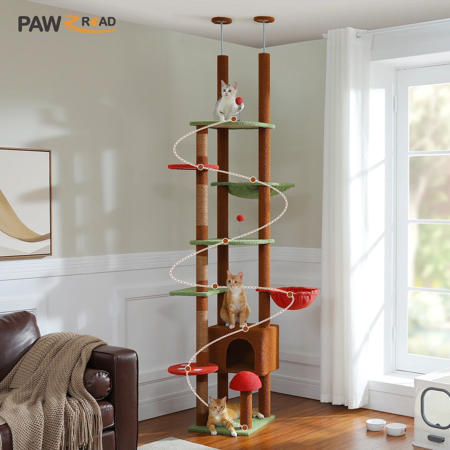 Floor to Ceiling Cat Tree with Green Leaves, 7 Tiers and Cozy Hammock