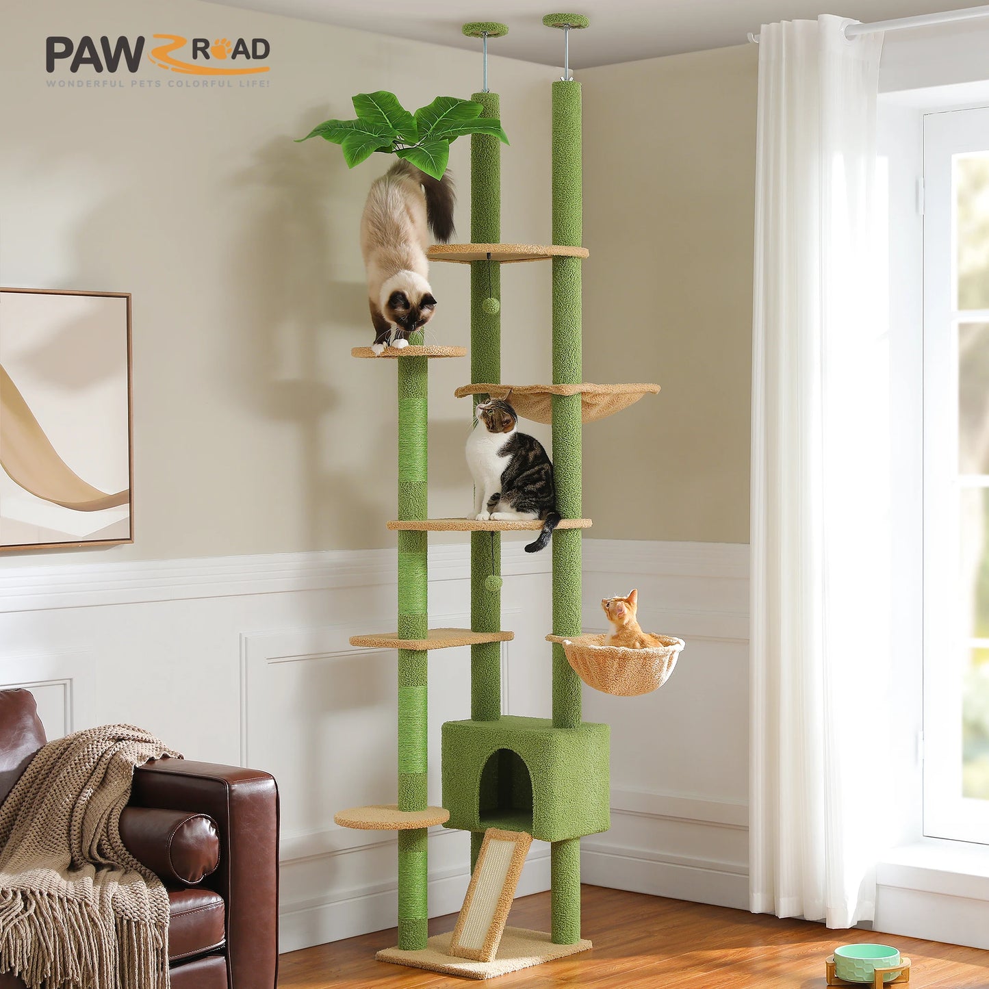 Floor to Ceiling Cat Tree, Adjustable Height with Cat Condo, Cozy Hammock and Scratching Post