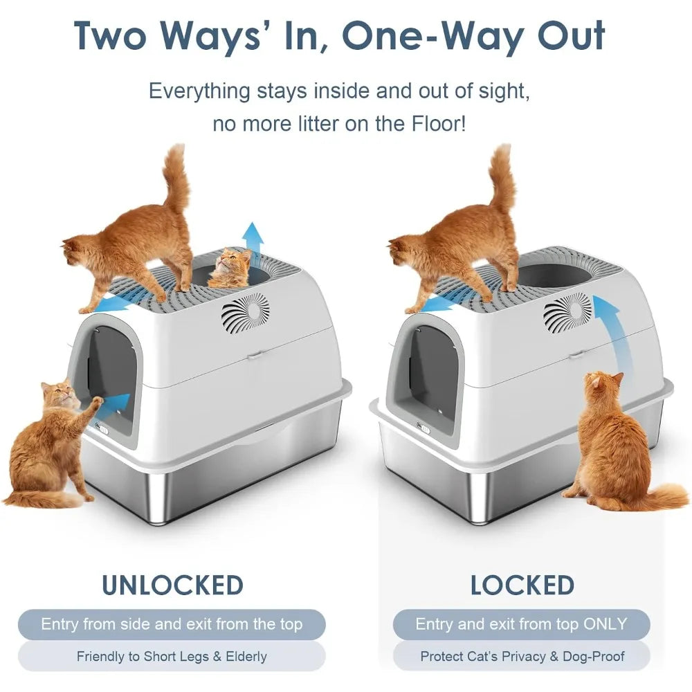 Upgraded Stainless Steel Top Entry Litter Box with Filter Lid