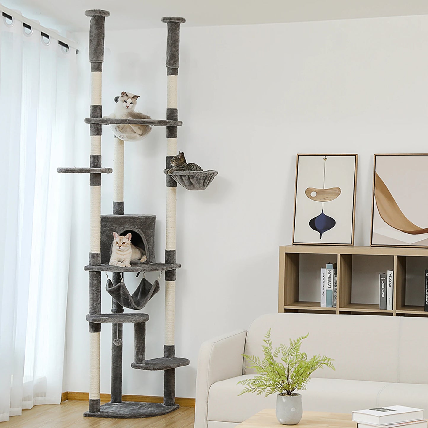 Floor to Ceiling Cat Tree with Green Leaves, 7 Tiers and Cozy Hammock