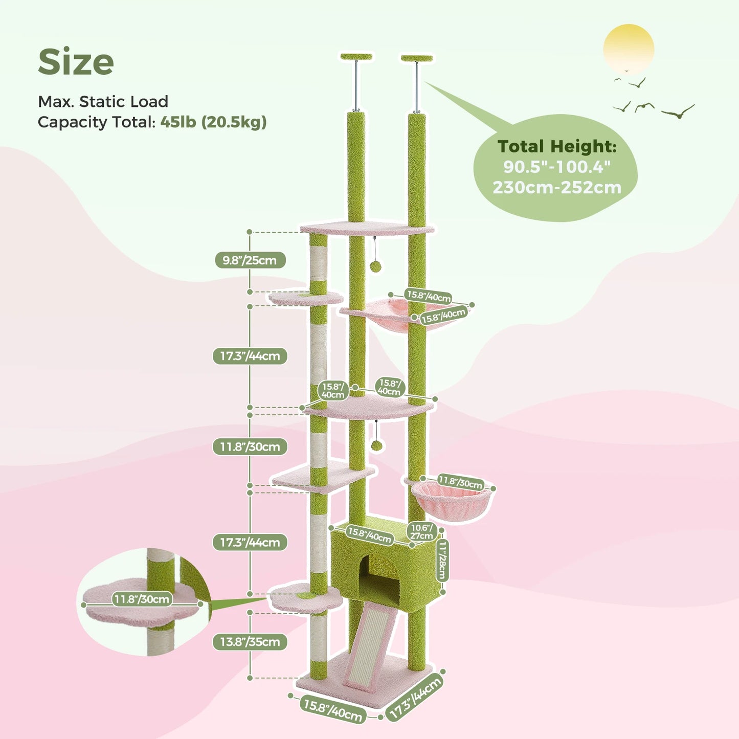 Floor to Ceiling Cat Tree, Adjustable Height with Cat Condo, Cozy Hammock and Scratching Post