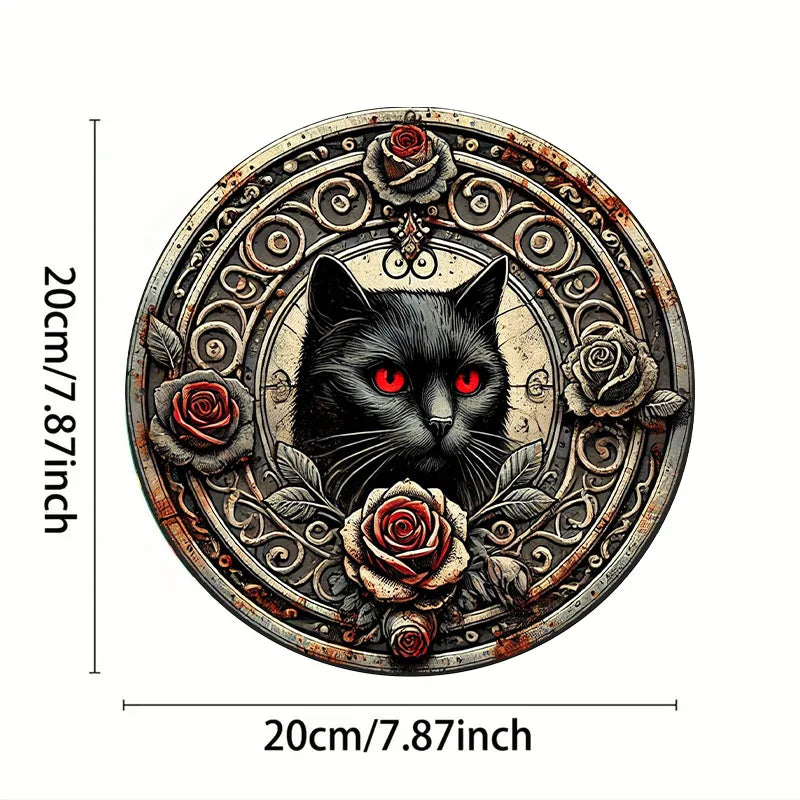 Gothic Black Cat & Red Rose Metal Wall Art