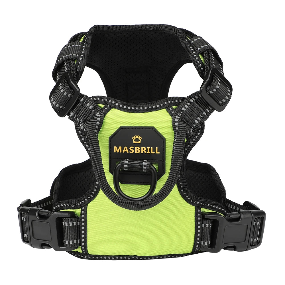 MASBRILL No Pull Nylon Adjustable Reflective Dog Harness with 2 Metal Leash Hooks