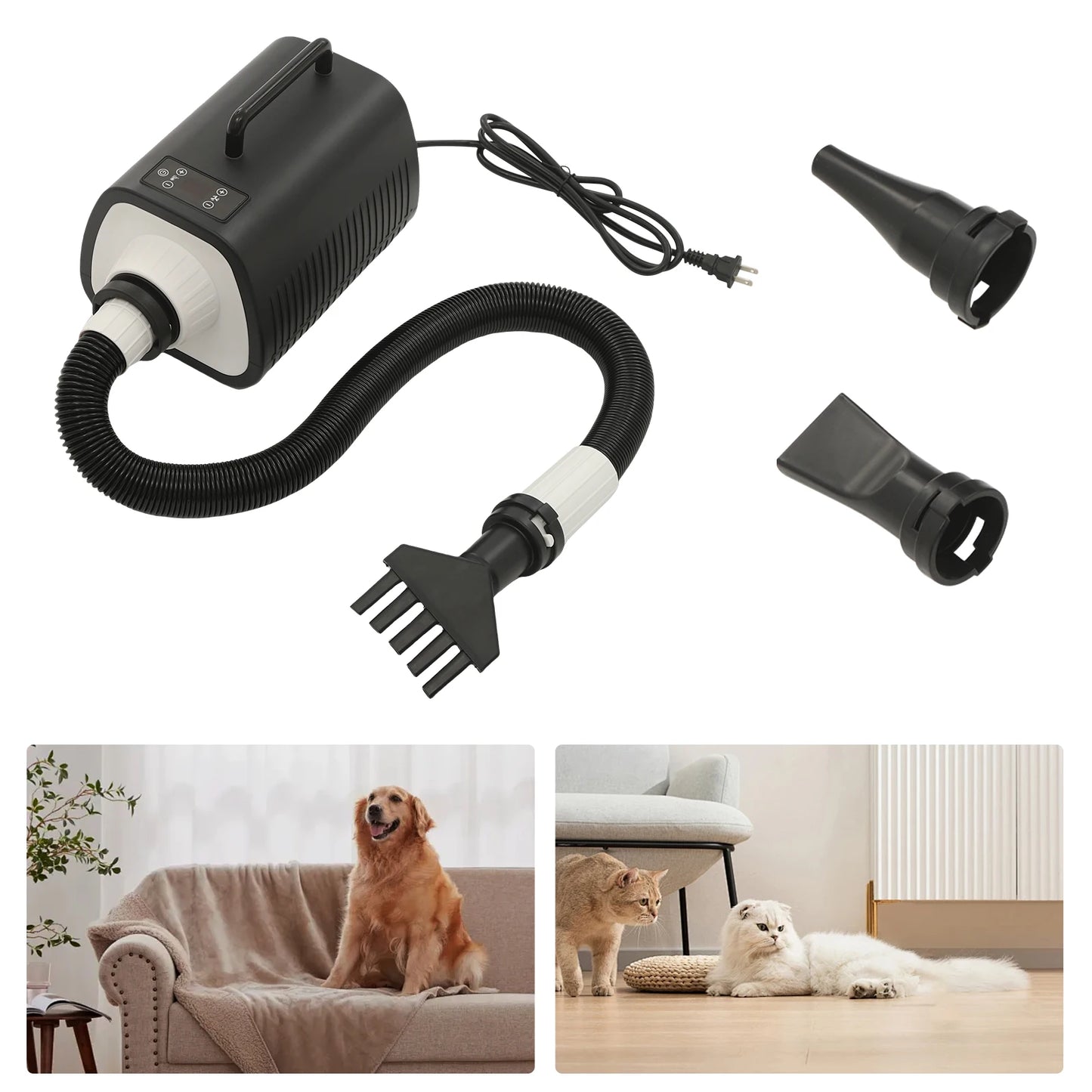 2100W Dog Grooming Blow Dryer With 9 Speed Adjustments (77-140℉) Led Display, 3 Nozzles For Dogs