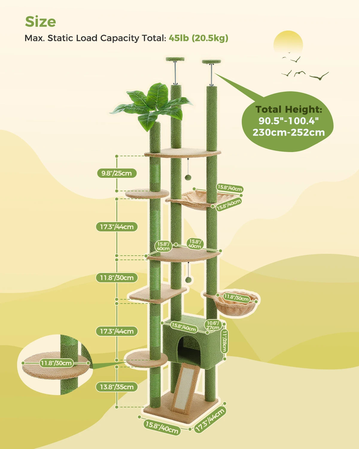 Floor to Ceiling Cat Tree with Green Leaves, 7 Tiers and Cozy Hammock