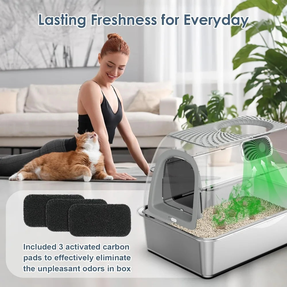 Upgraded Stainless Steel Top Entry Litter Box with Filter Lid