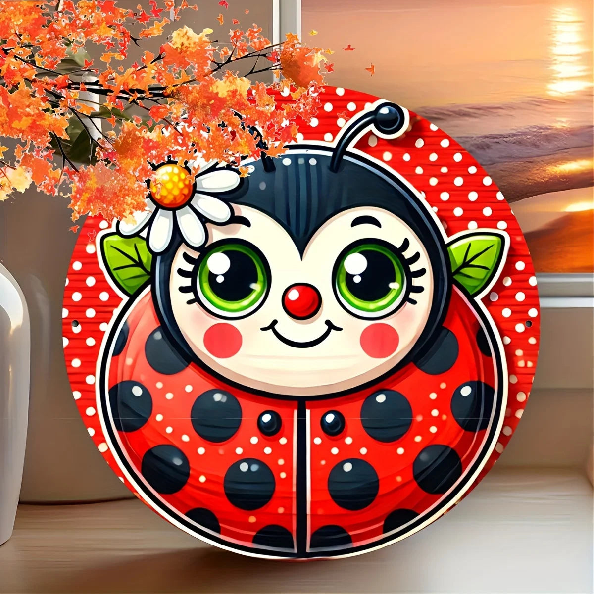 Charming Ladybug Daisy 8x8" Round Aluminum Wall Sign - Ideal for Home, Garden, Kitchen, Bar, Cafe