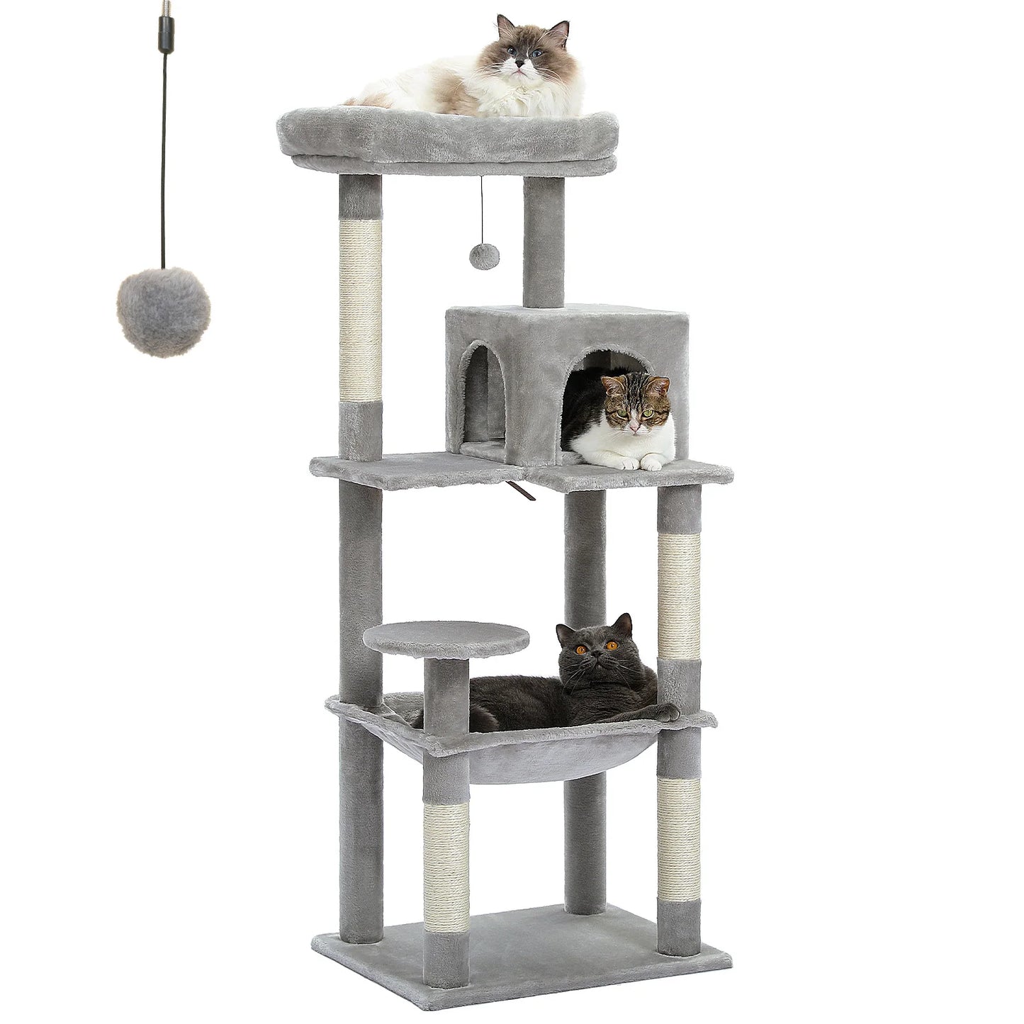5-Level Cat Tower for Large Cats with Large Hammock, Sisal Covered Scratching Posts, Cozy Condo, and Top Perch
