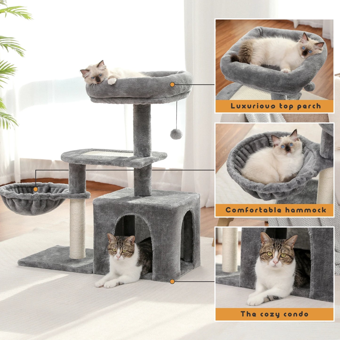Plush Cat Tower with Large Cat Condo, Deep Hammock and Sisal Cat Scratching Post