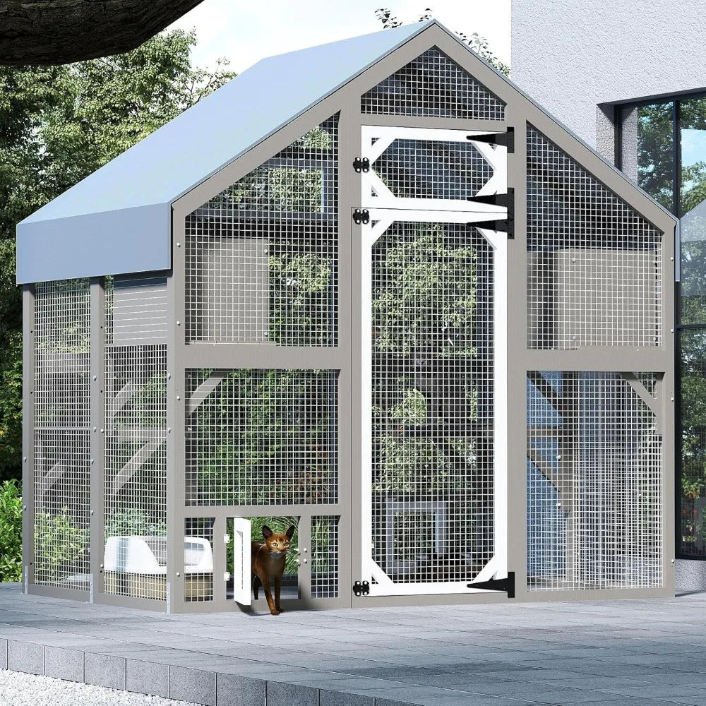 71" H Outdoor Cat Enclosure, Walk in Cats House Outside Weatherproof, Attach to House's Window
