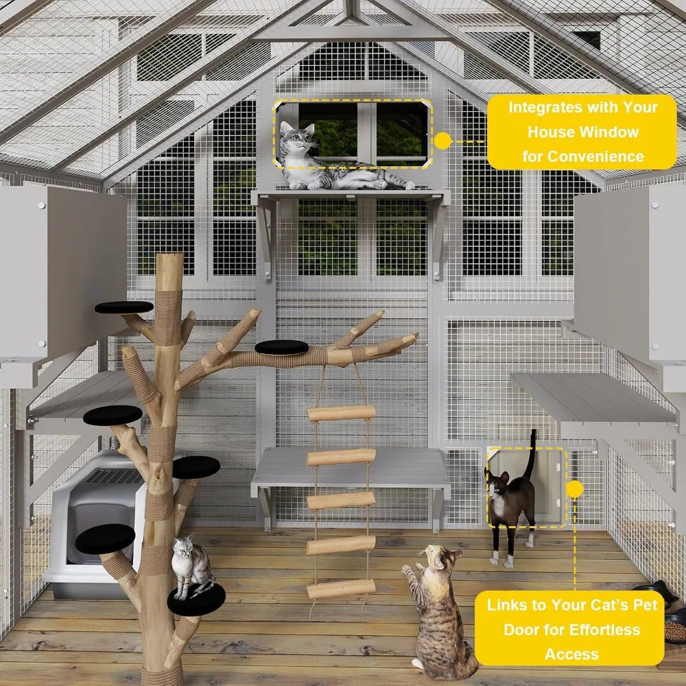 71" H Outdoor Cat Enclosure, Walk in Cats House Outside Weatherproof, Attach to House's Window