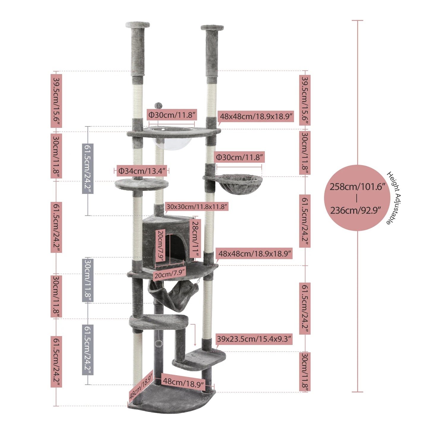 Floor to Ceiling Cat Tree with Green Leaves, 7 Tiers and Cozy Hammock