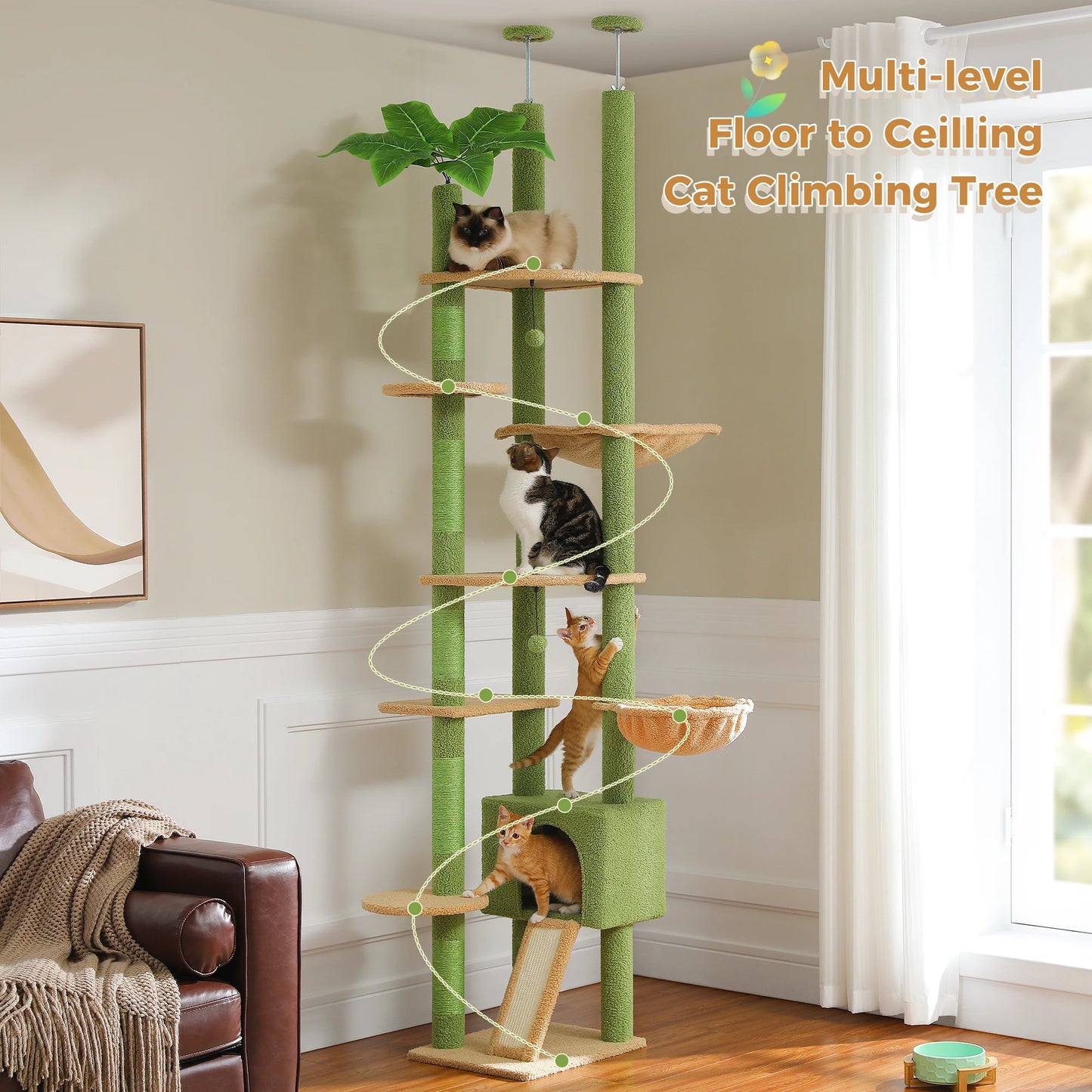 Floor to Ceiling Cat Tree, Adjustable Height with Cat Condo, Cozy Hammock and Scratching Post