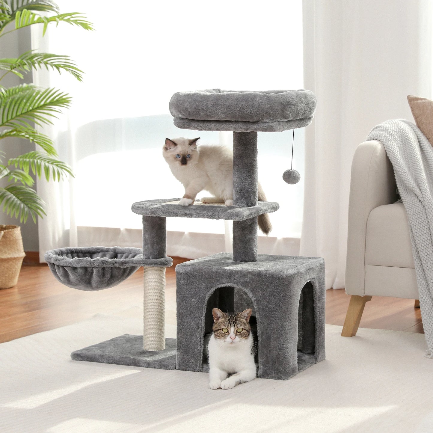 Plush Cat Tower with Large Cat Condo, Deep Hammock and Sisal Cat Scratching Post