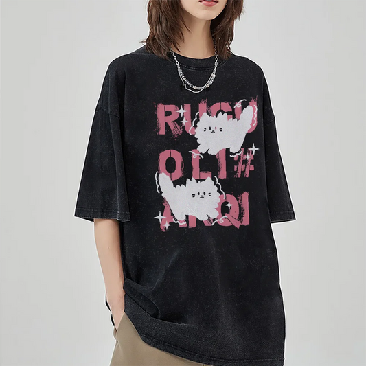 Cute Scare Cat Loose Washed Cotton T-Shirts