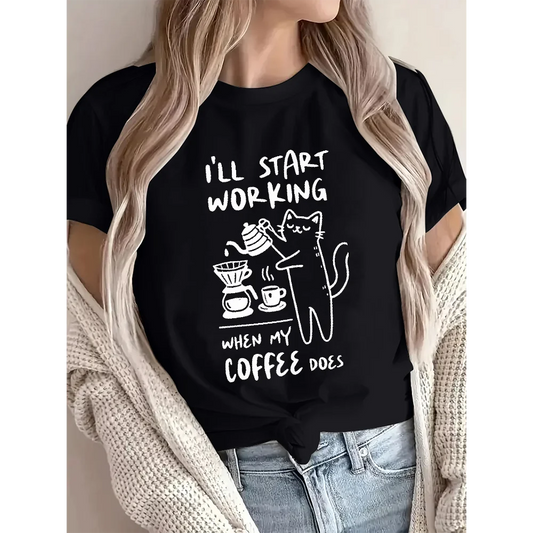 Funny Cat Graphic Shirt I'll Start Working When My Coffee Does