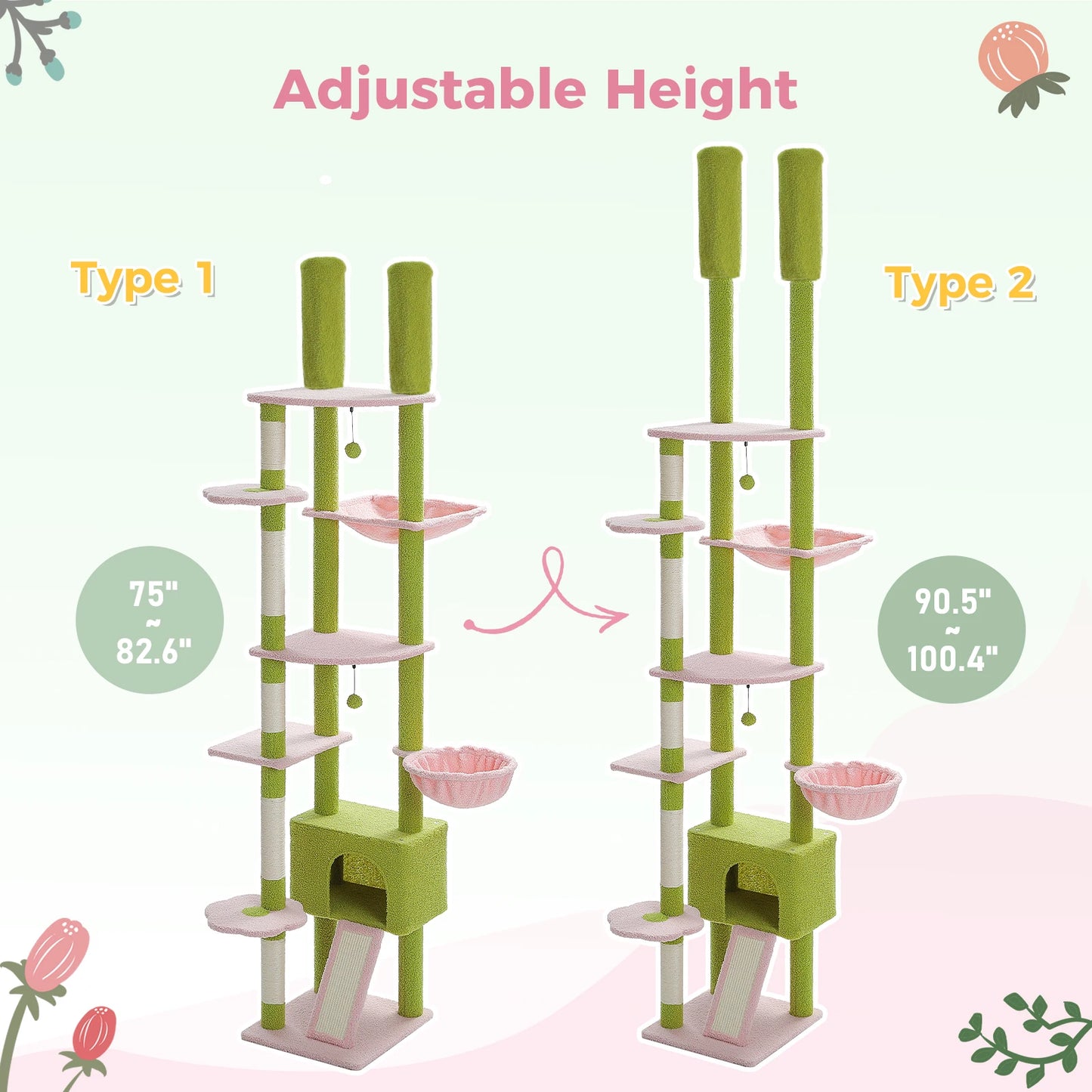 Floor to Ceiling  Cat Tree, Adjustable Height with Cat Condo, Cozy Hammock and Scratching Post