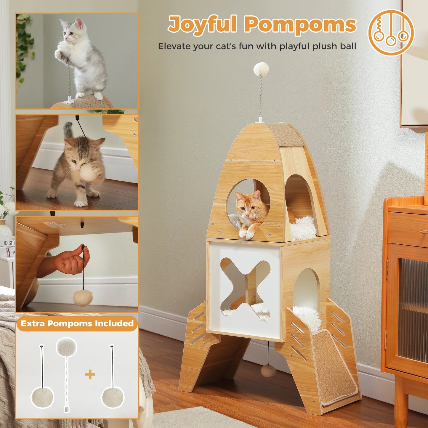 Modern Rocket Shape, Wooden Cat Tower with 2 Condos and Dangling Balls