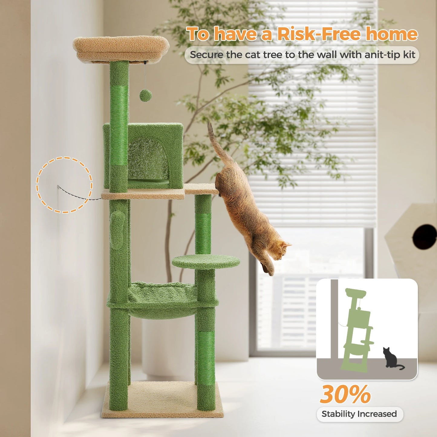 Cat Tree Tower for Large Cats, Plush Big Hammock, with 2 Door Condo House and Large Top Perch