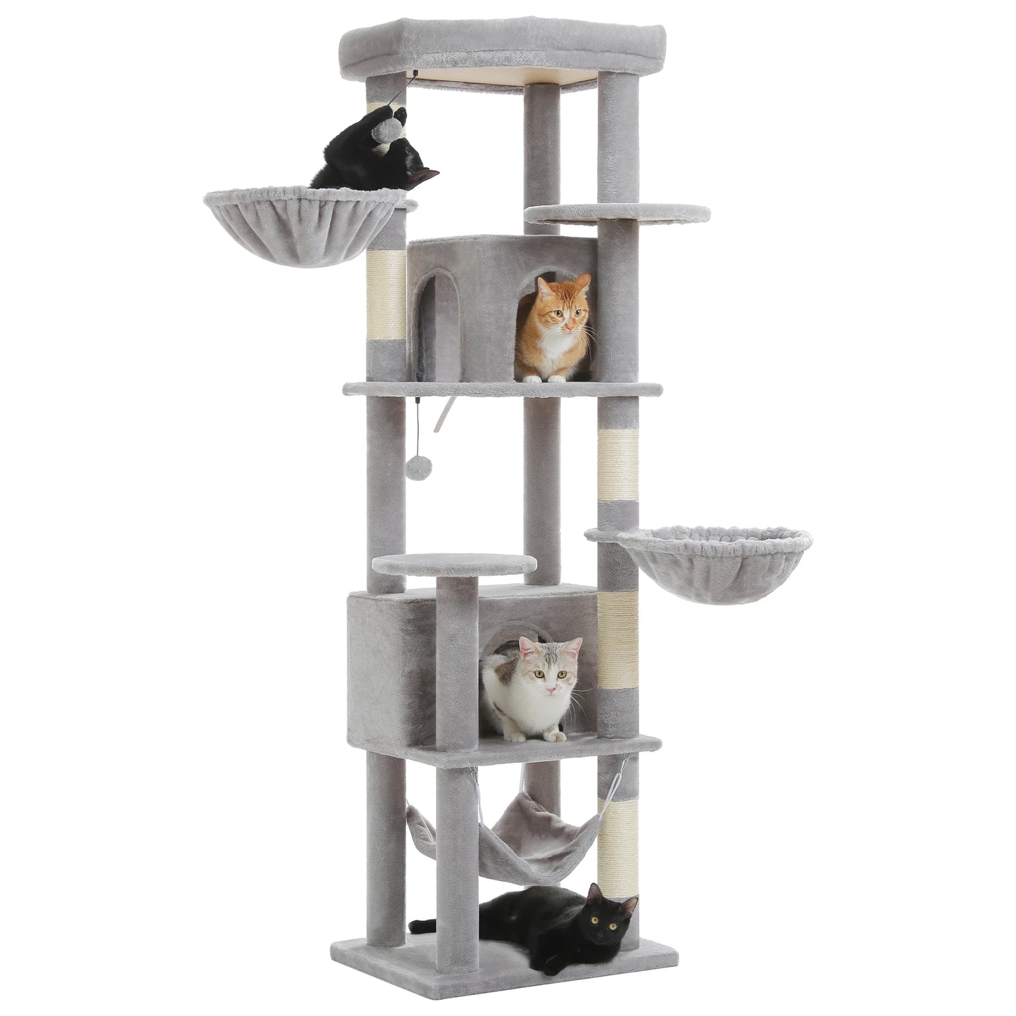 Plush Cat Tower with Sisal Scratching Post, Spacious Condos, Cozy Hammock