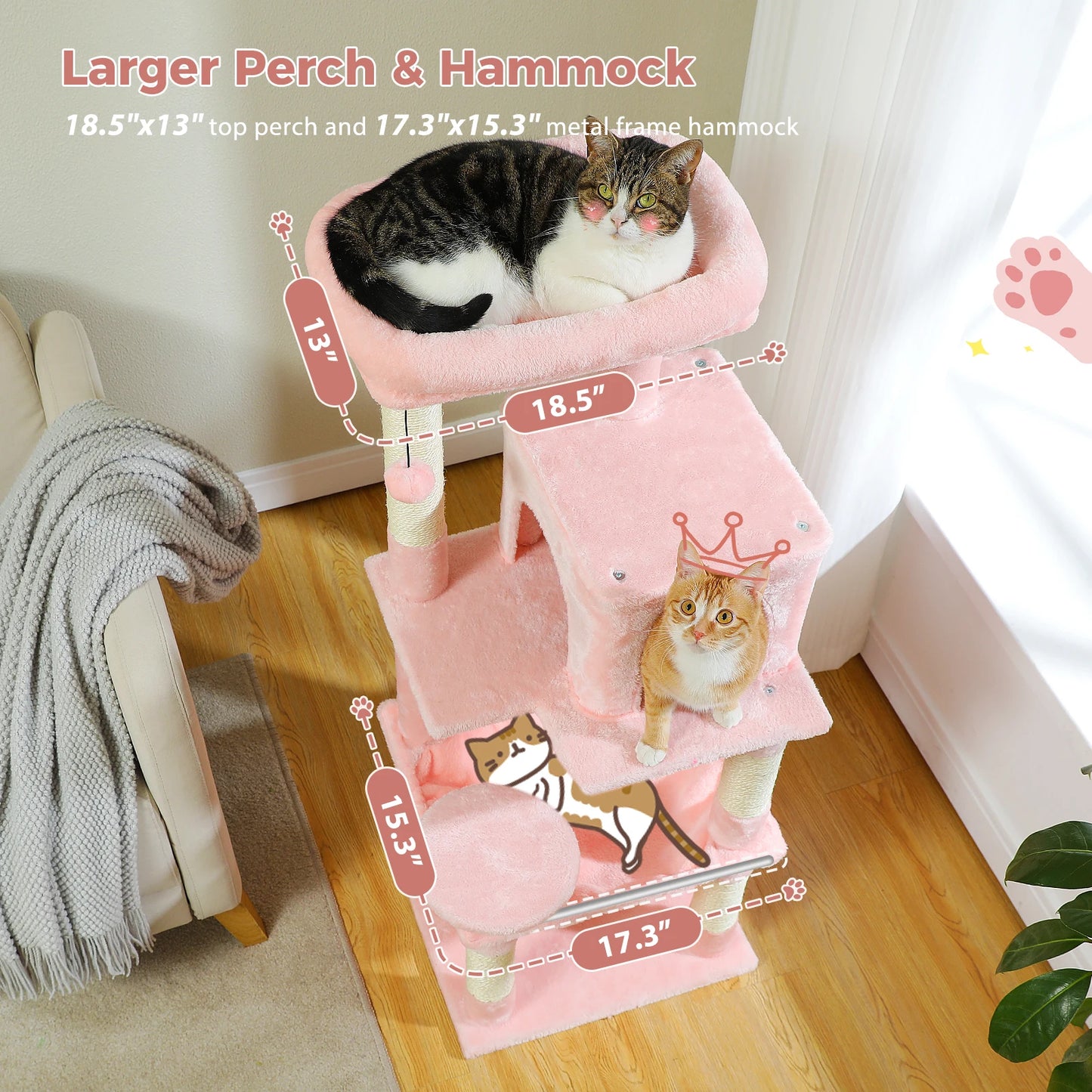 Multi-Level Cat Tower with Large Hammock, Sisal Covered Scratching Posts, Cozy Condo and Top Perch