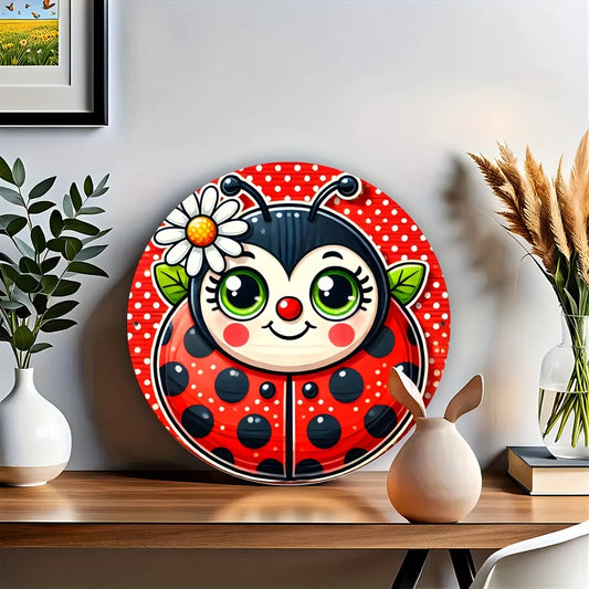 Charming Ladybug Daisy 8x8" Round Aluminum Wall Sign - Ideal for Home, Garden, Kitchen, Bar, Cafe
