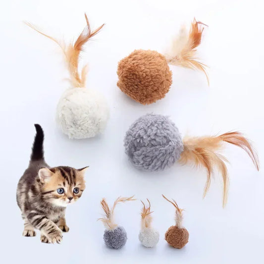 Cat Toy, Plush Ball with Feathers, Interactive Fun Chase Toy