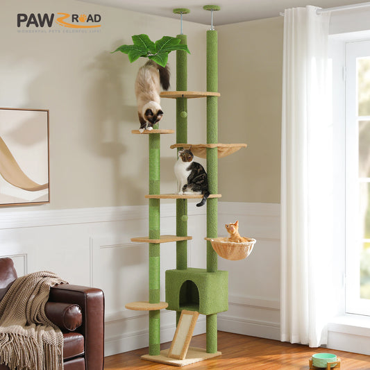 Floor to Ceiling  Cat Tree, Adjustable Height with Cat Condo, Cozy Hammock and Scratching Post