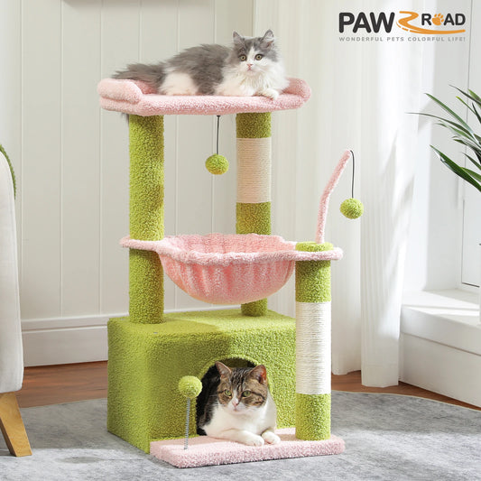 4-in-1 Cat Tree with Large Cat Condo, Sisal Scratching Post, Deep Hammock, Cozy Top Perch