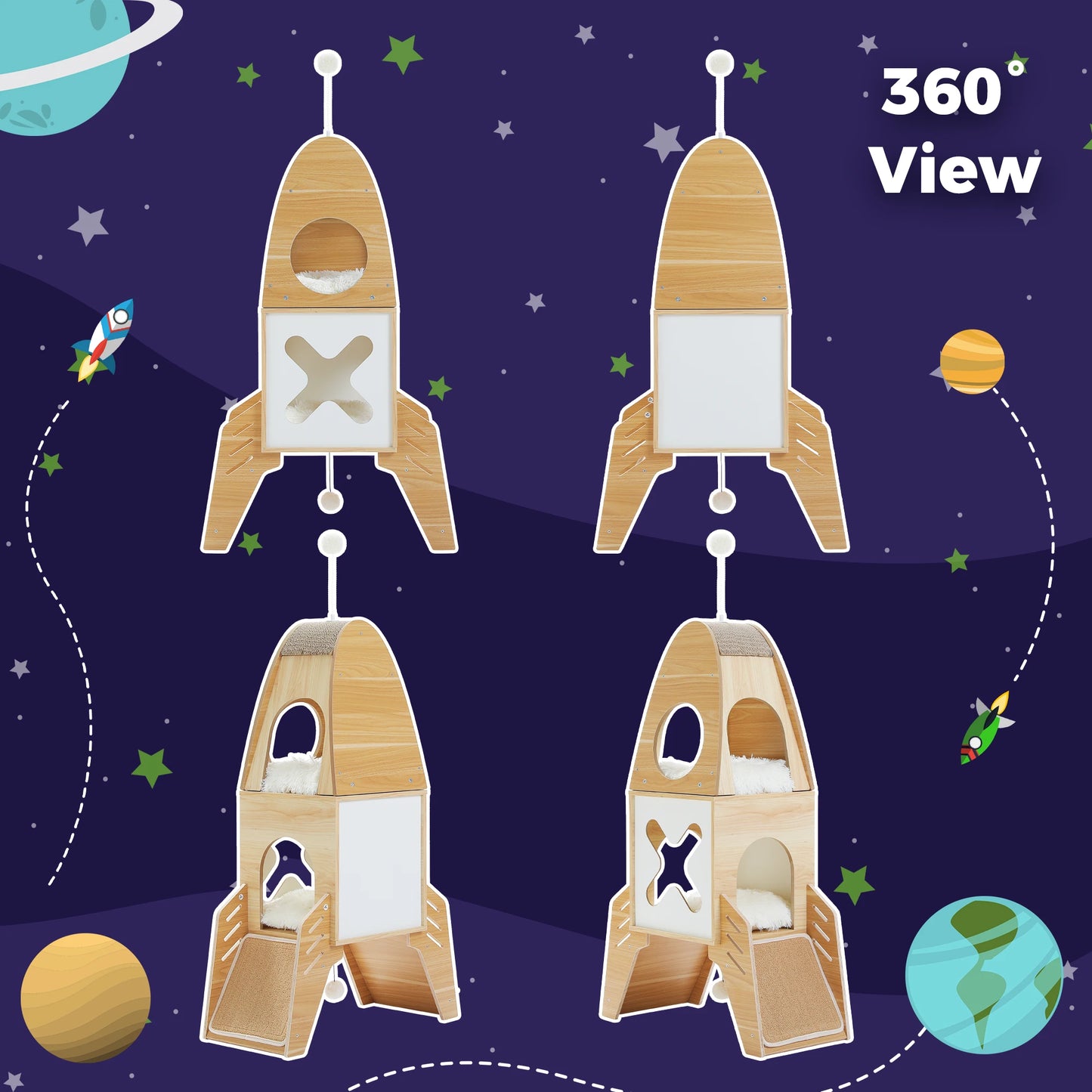 Modern Rocket Shape, Wooden Cat Tower with 2 Condos and Dangling Balls