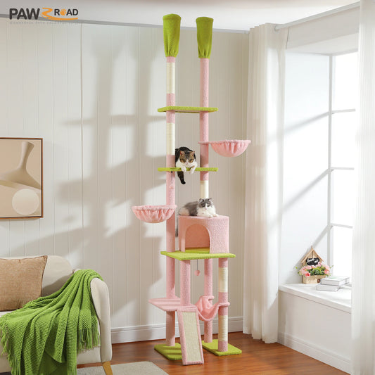 Pink Cat Tree Floor to Ceiling Cat Tower7 Tiers, Cat Climbing Tree with Cozy Hammocks, Condos, Scratching Posts