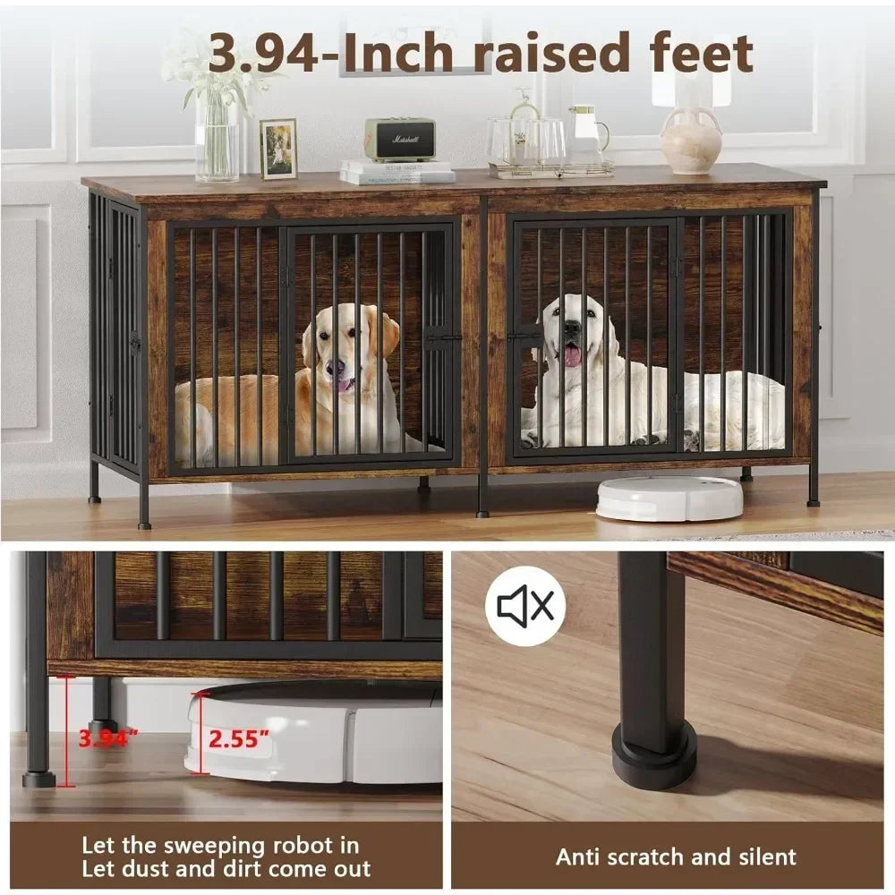 Extra Large Double Dog Crate Furniture Large Breed, 78.74"L x 27.56"W x 32.68"H
