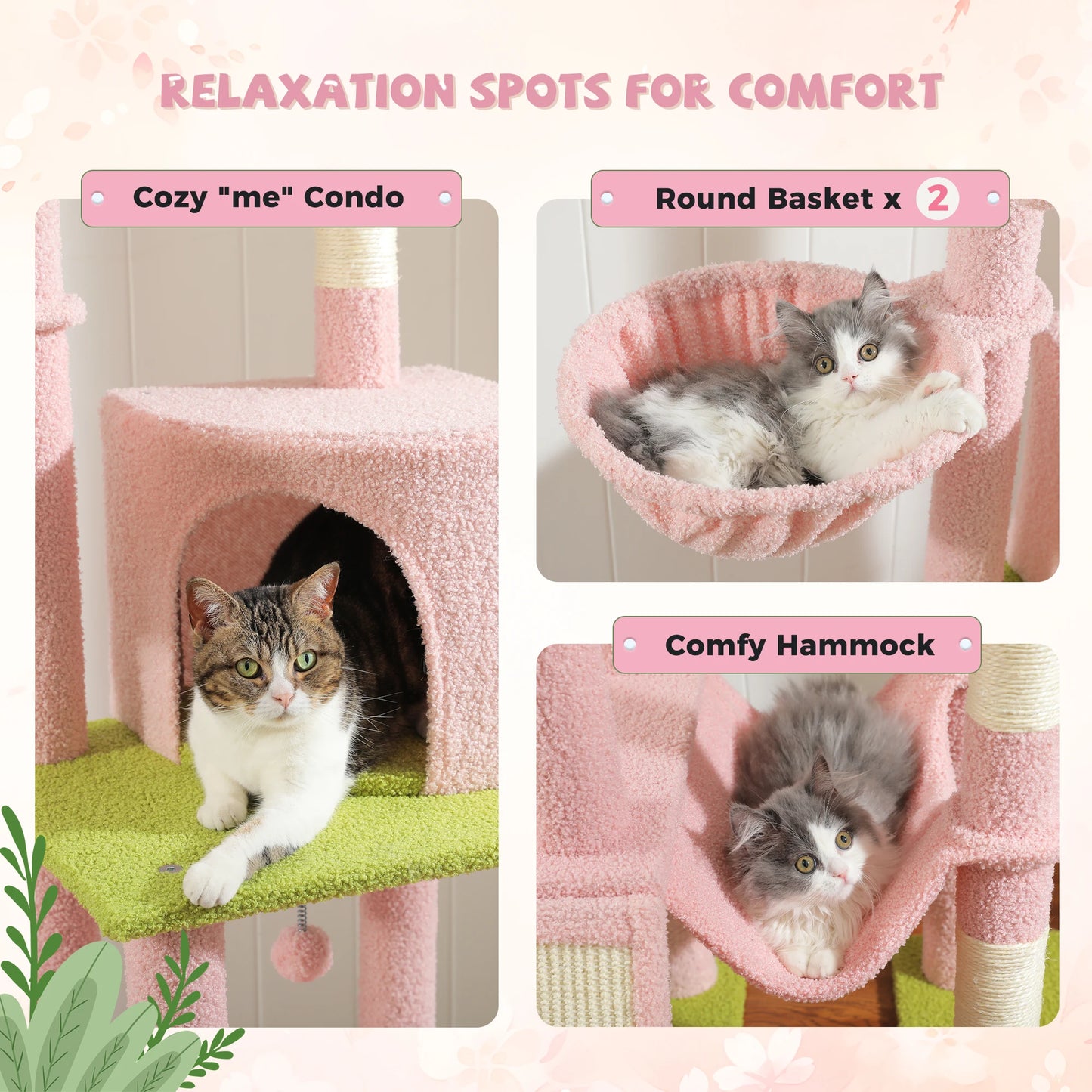 Pink Cat Tree Floor to Ceiling Cat Tower7 Tiers, Cat Climbing Tree with Cozy Hammocks, Condos, Scratching Posts