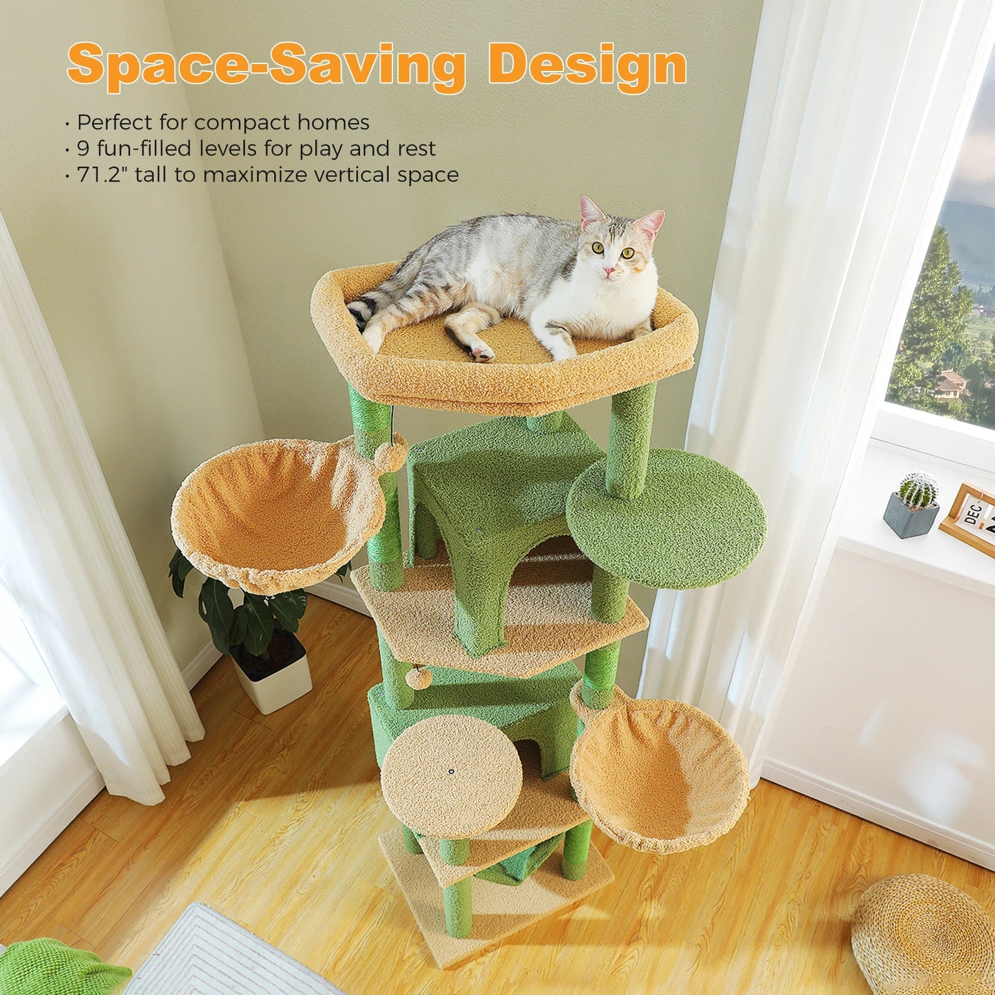 Plush Cat Tower with Sisal Scratching Post, Spacious Condos, Cozy Hammock