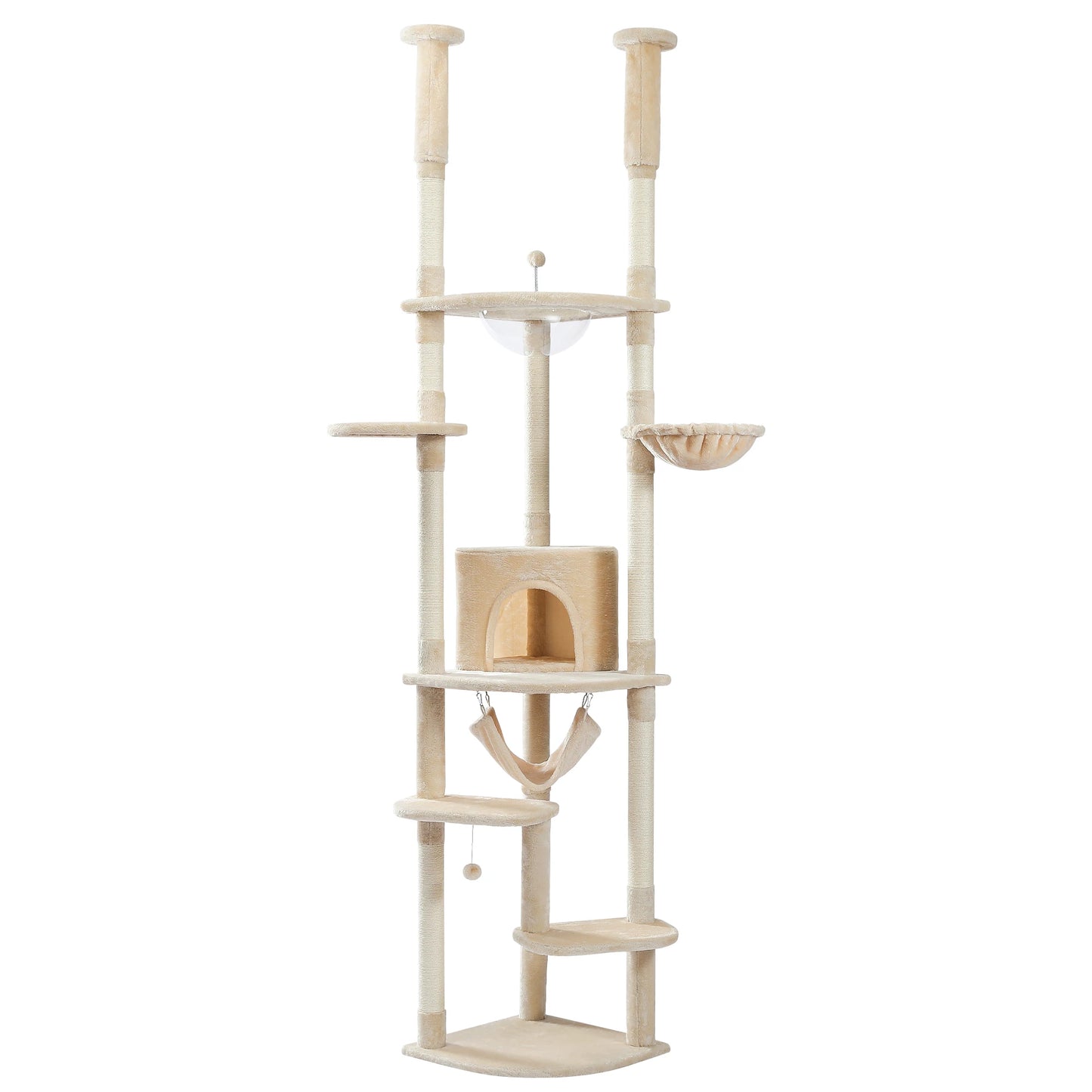 Floor to Ceiling Cat Tree Play House with Scratching Posts, Cozy Condo, Perches, Hammock