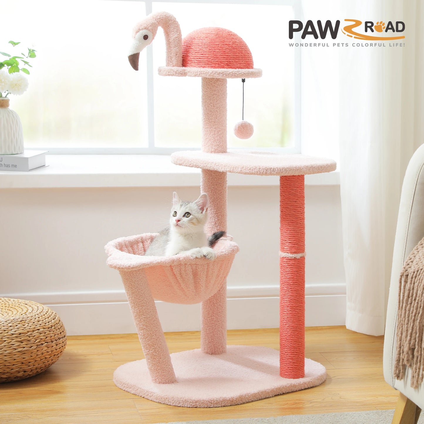 Flamingo Pink Cat Tower with Sisal Scratching Posts for Cats, Kittens with Perch and Hammock