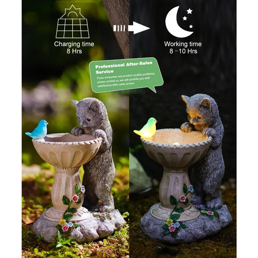 Solar Cat Bird Bath: Outdoor Sculptures for Garden - Unique Gifts - NEW