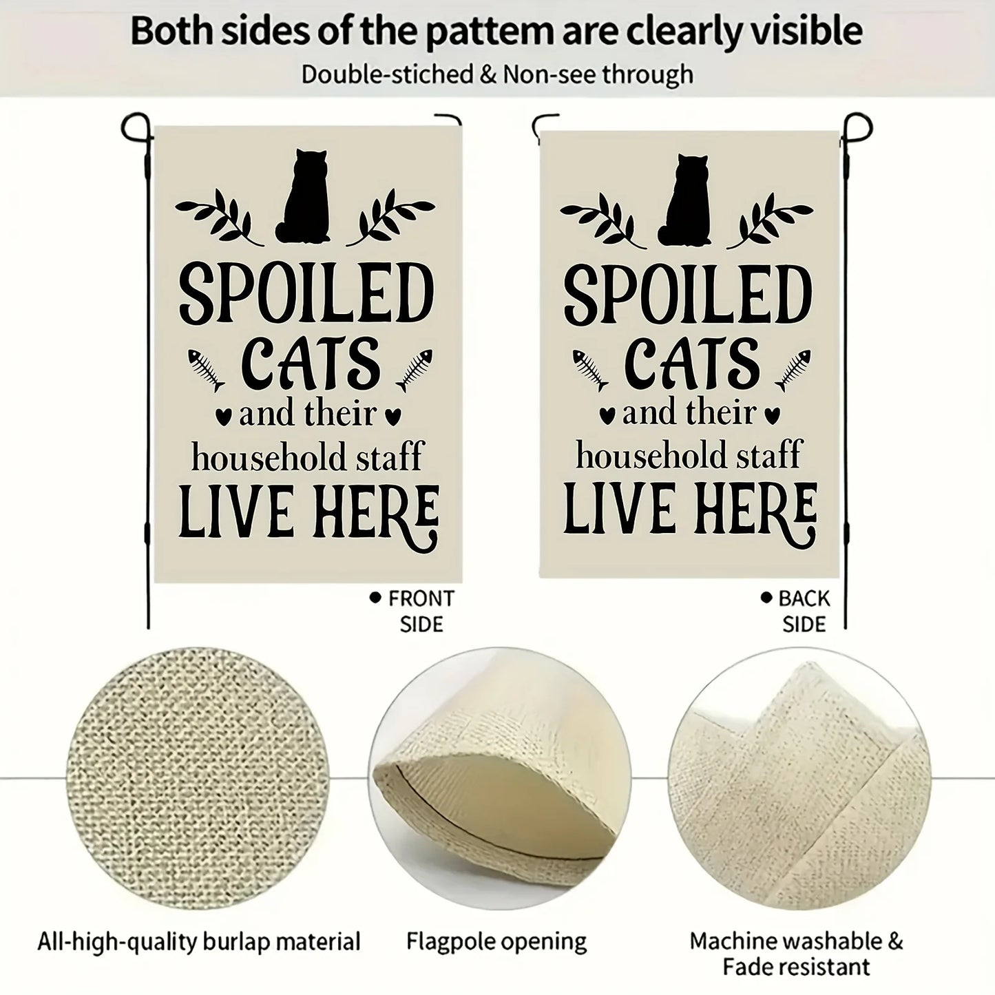 Whimsical Cat Garden Flag - Double-Sided Linen, 12.5"x18.5", "Spoiled Cats & Staff Live Here", Durable Outdoor Decor