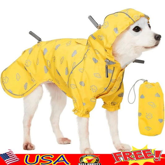 Lightweight Waterproof Dog Raincoat with Hood Harness Hole Reflective Cloud Prints