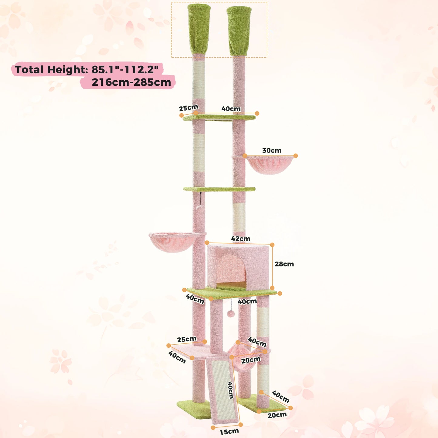 Pink Cat Tree Floor to Ceiling Cat Tower7 Tiers, Cat Climbing Tree with Cozy Hammocks, Condos, Scratching Posts