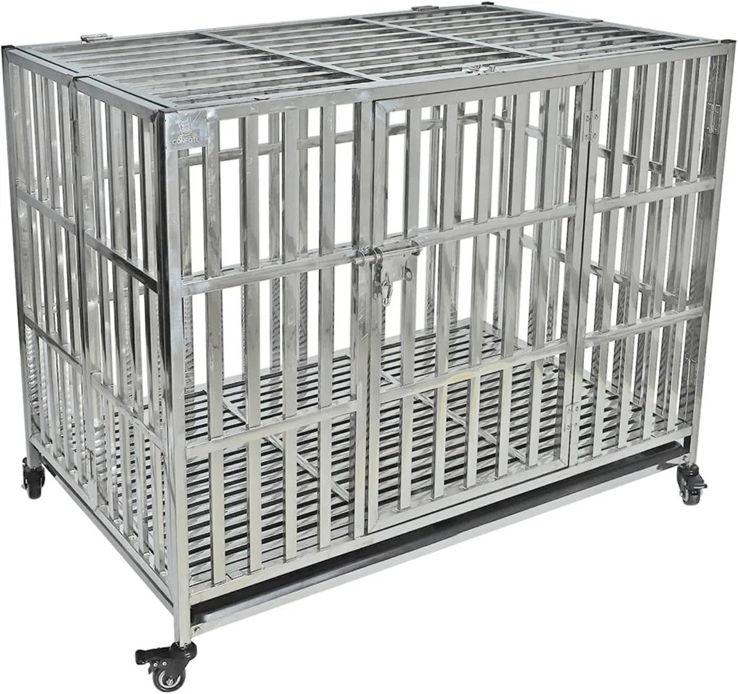 Stackable Stainless Steel Dog Crate, Heavy Duty Kennel, Foldable, with Lockable Rolling Wheels
